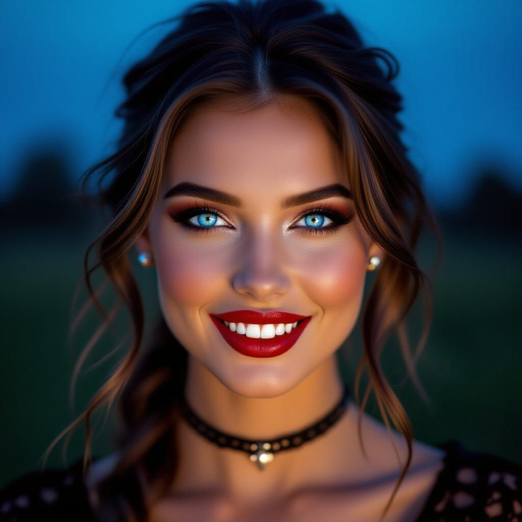 Seductive Vampire Woman with Blue Eyes in Open Field