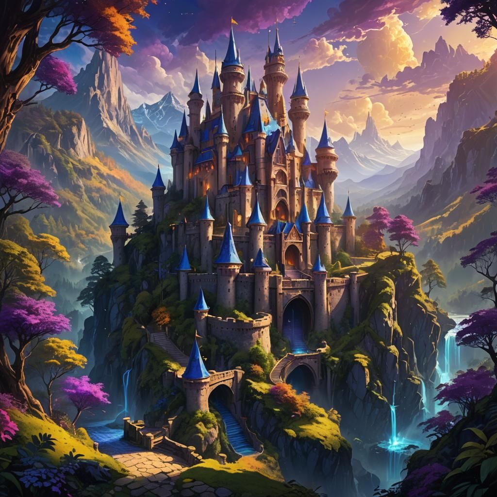 Glowing Castle Amidst Lush Forest: Fantasy Concept Art
