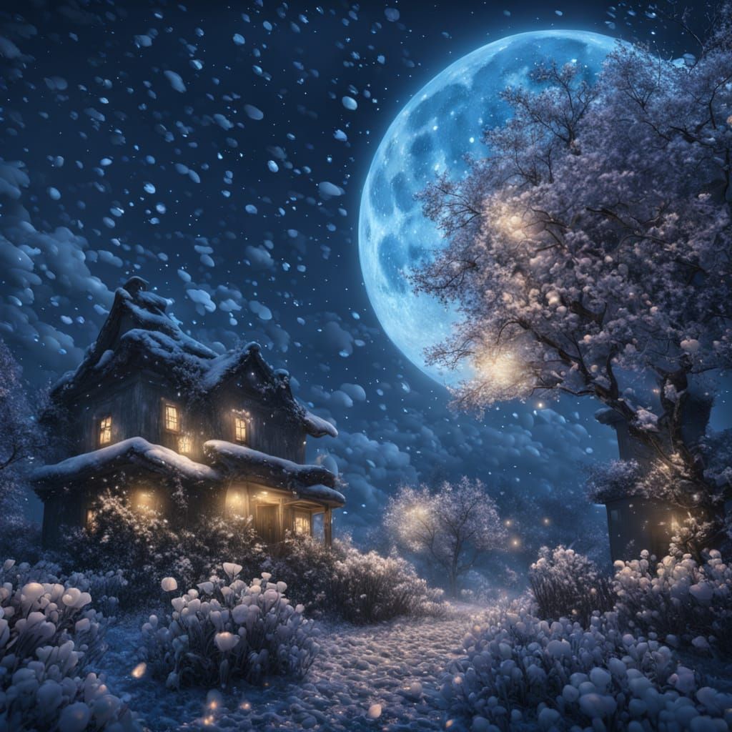 Melancholy First Snowfall Under Electric Blue Moon