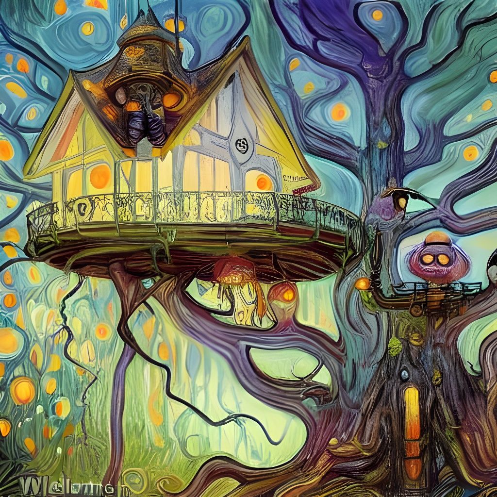 Treehouse Predator: Post-Impressionistic Sci-Fi Painting