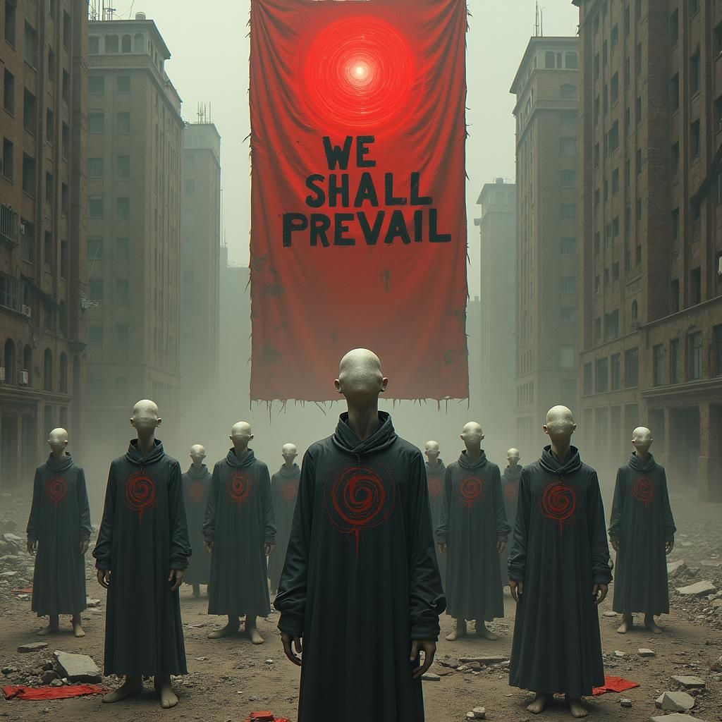 Dystopian Figures Under Red Orb, Dark Digital Art