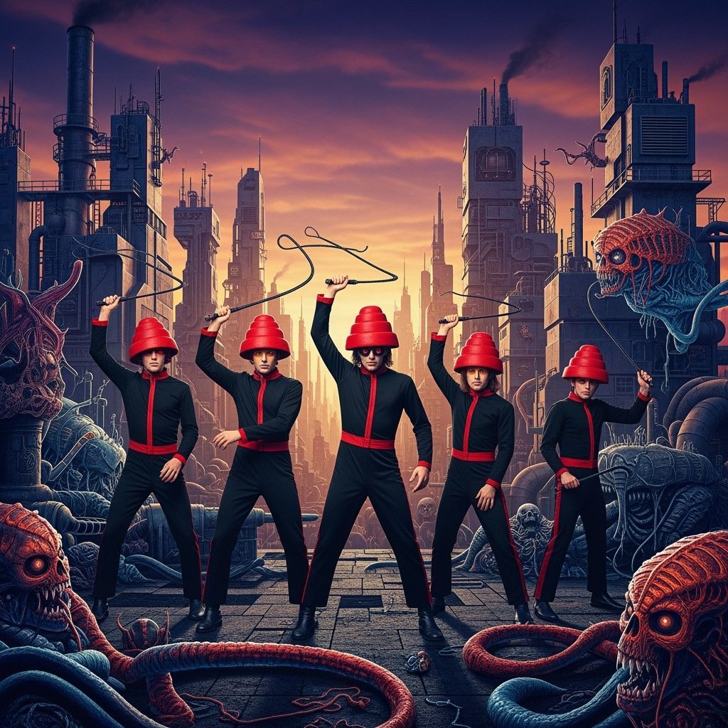 Devo Band in Dystopian Cityscape with Whips