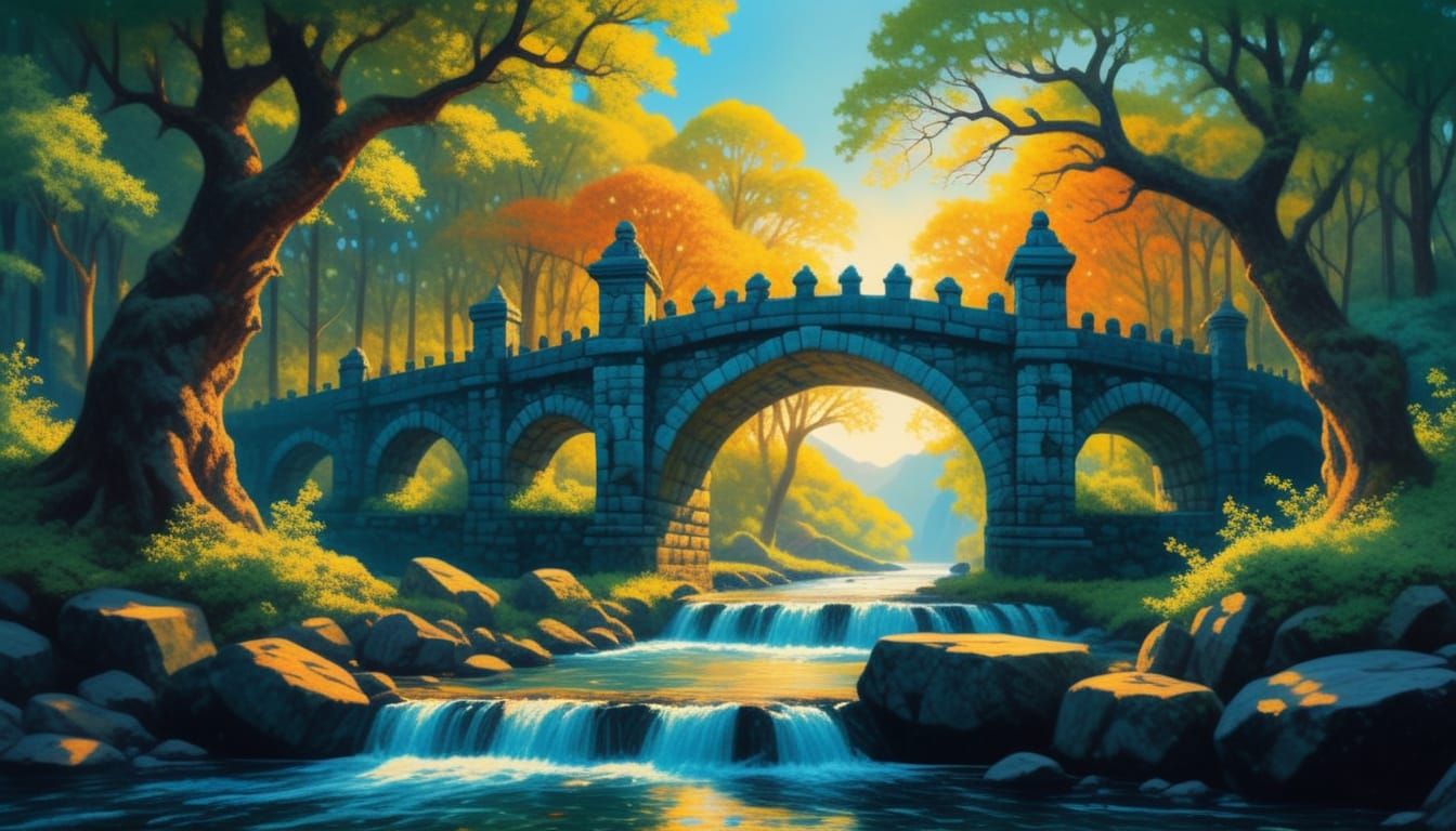 Stone Bridge in Forest: A Bierstadt-Inspired Oil Painting