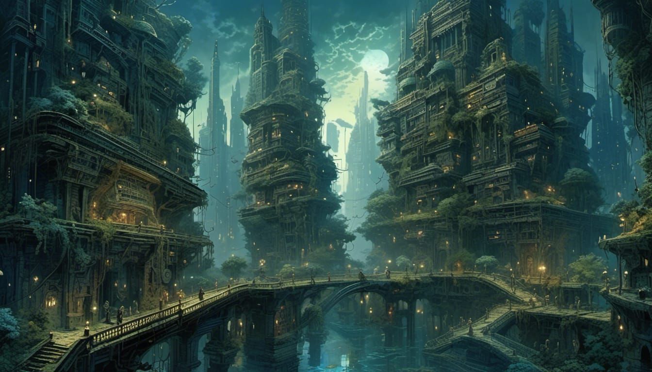 Cyberpunk Babylon: A Stormy Nightscape in Amano Style