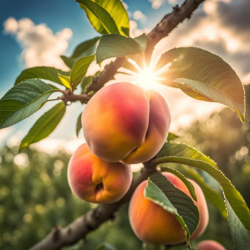 Ripe Peach on Tree in Divine Sunshine