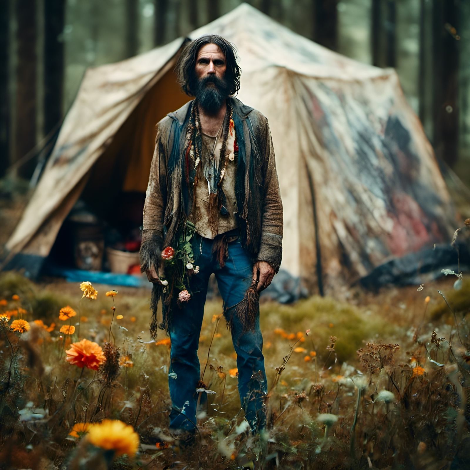 Skinny Hippy with Peace Sign in Forest