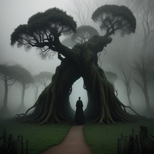 Creepy Gardens at Dusk in a Dark Whimsy Style