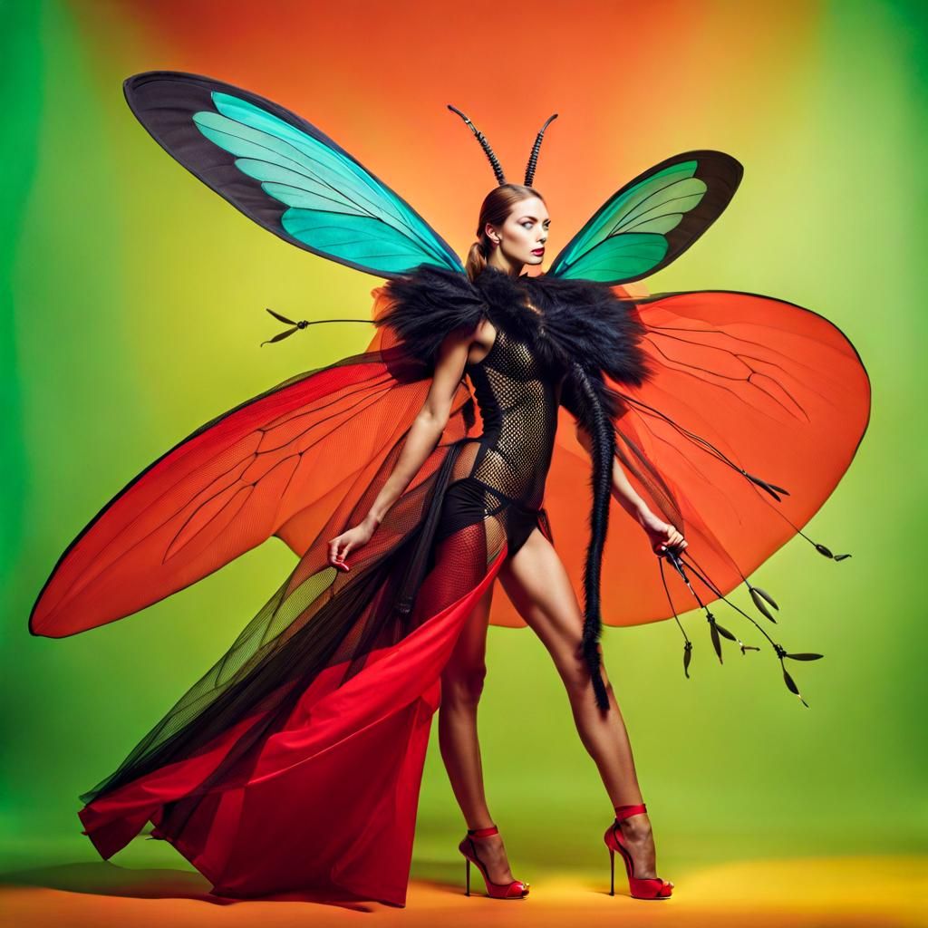 Sensual Woman as Mosquito in Vibrant Insect Dress