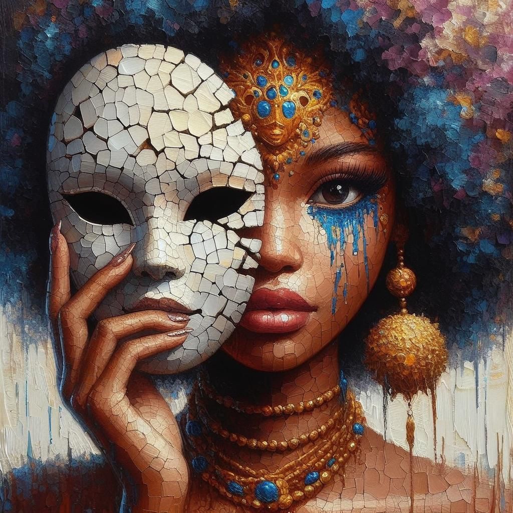 Anime Woman with Cracked Mask: Impasto Watercolor