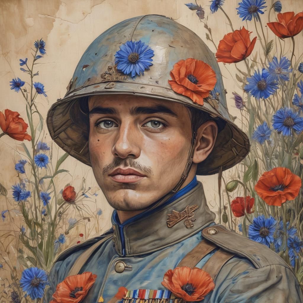 French WWI Soldier Portrait with Poppies in Picasso Style