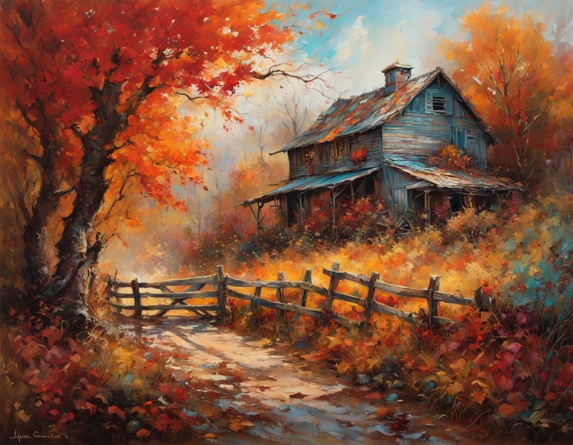 Vibrant Autumn Farmhouse Scene as Impasto Oil Painting