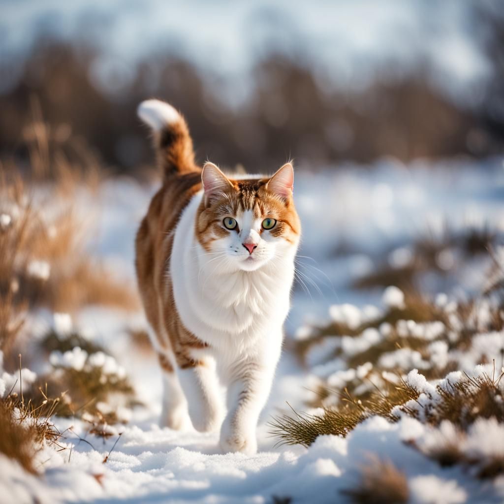 Realistic White and Brown Cat Portrait in Snow