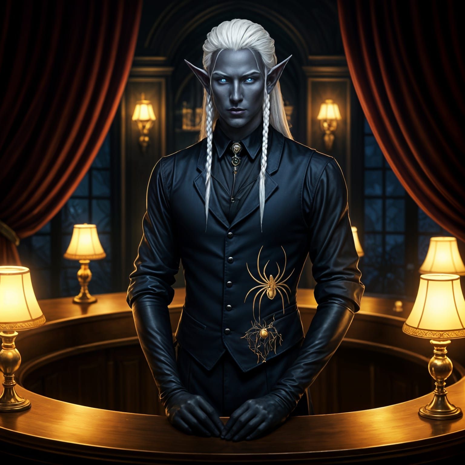 Dark Elf Tavern Keeper in Luxurious Fantasy Inn