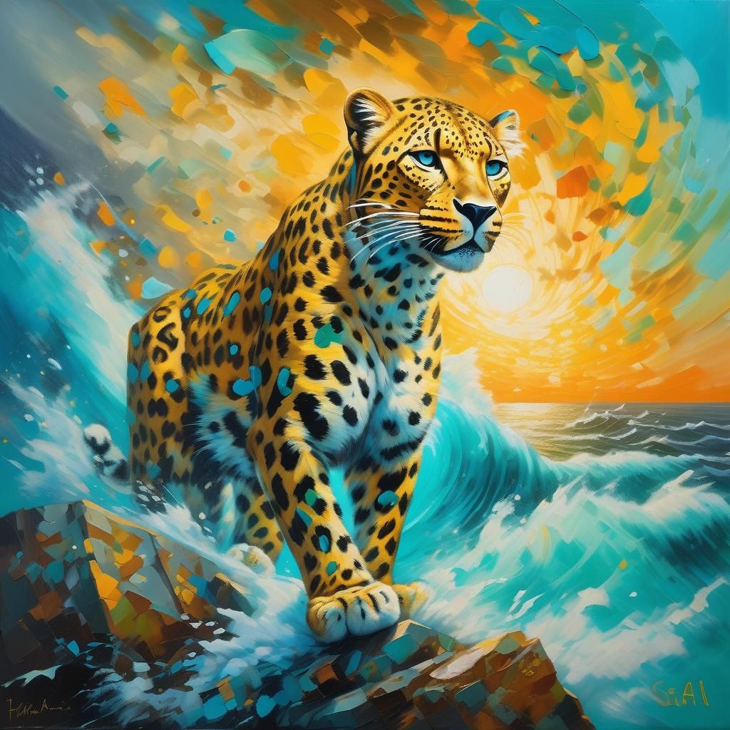 Leopard Overlooking Chaotic Sea as Oil Painting
