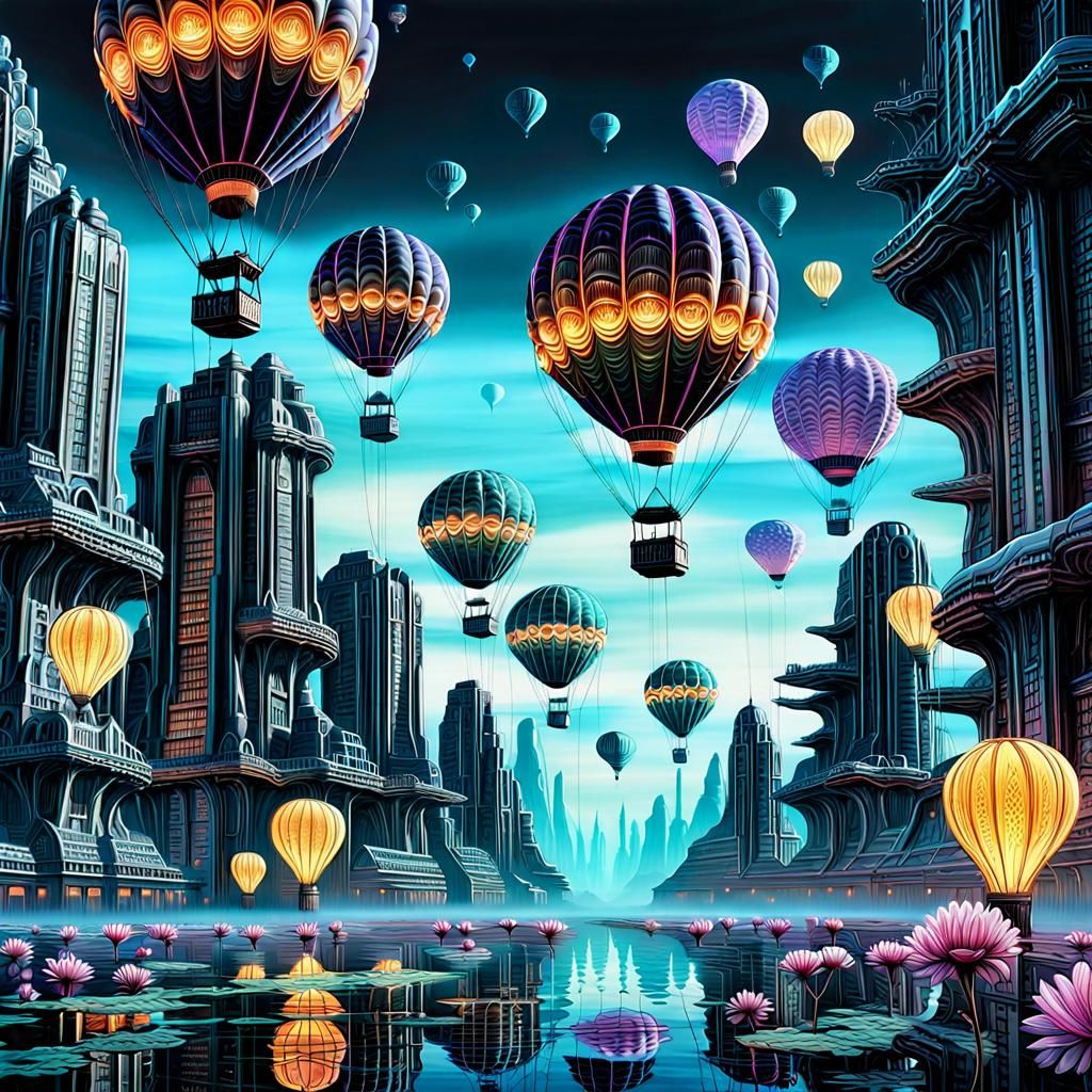 Bioluminescent Balloons Over Cybercore City: Digital Illustr...