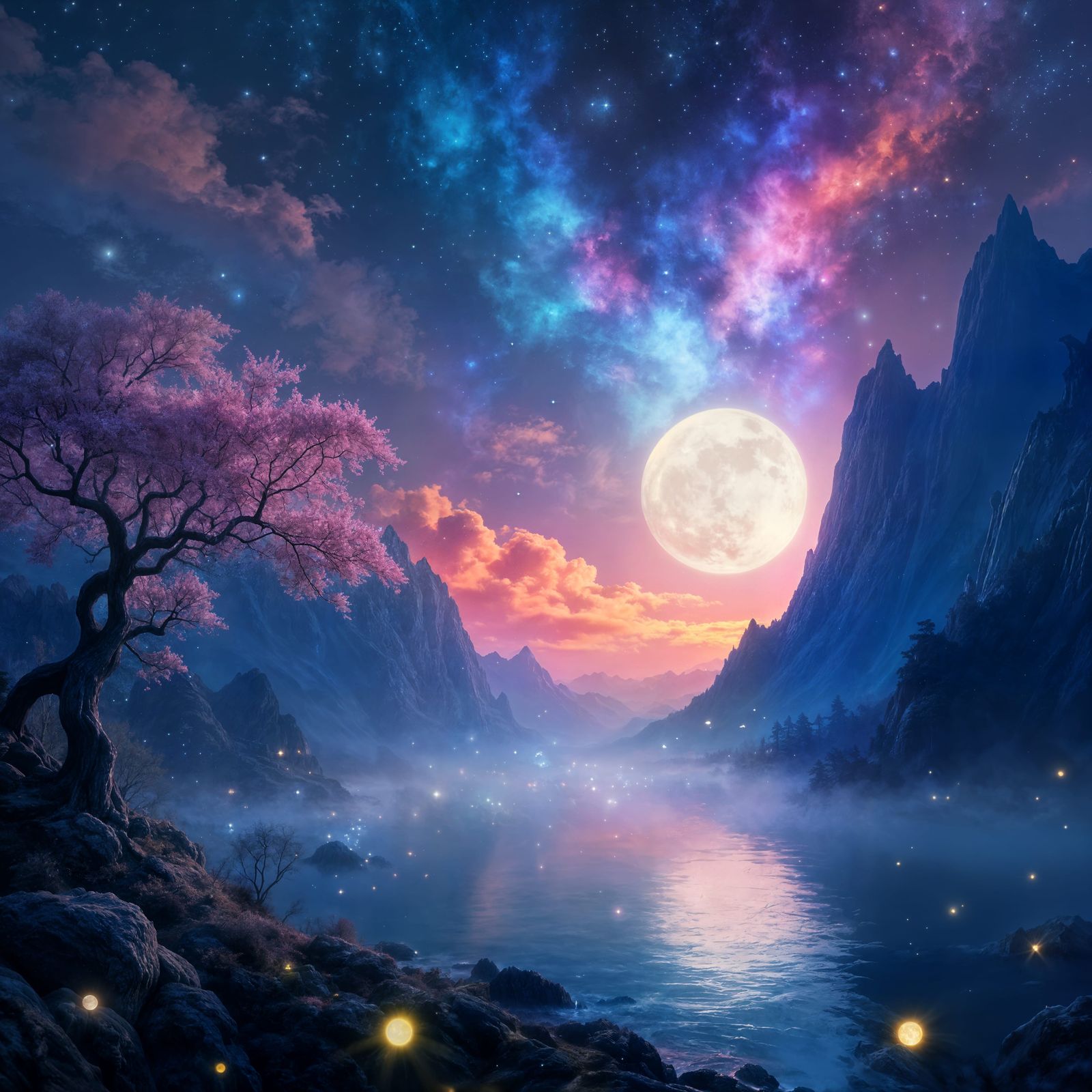 Mystical Moonlight Landscape with Crystal Mountains