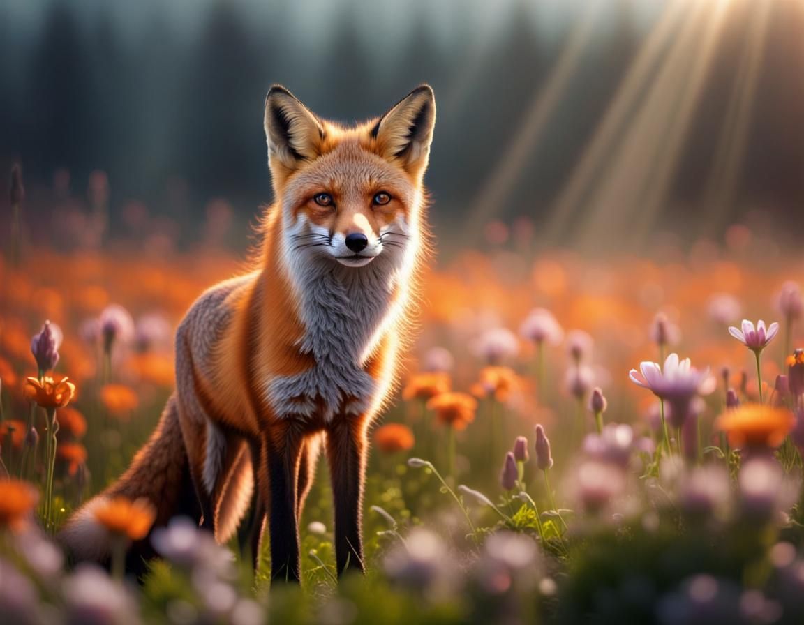 Red Fox in Flower Field: Black Light Art