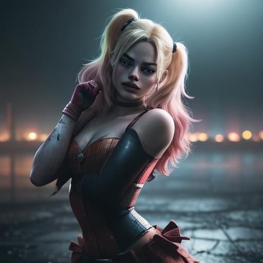 Harley Quinn in Wasteland Rain, Detailed Matte Painting