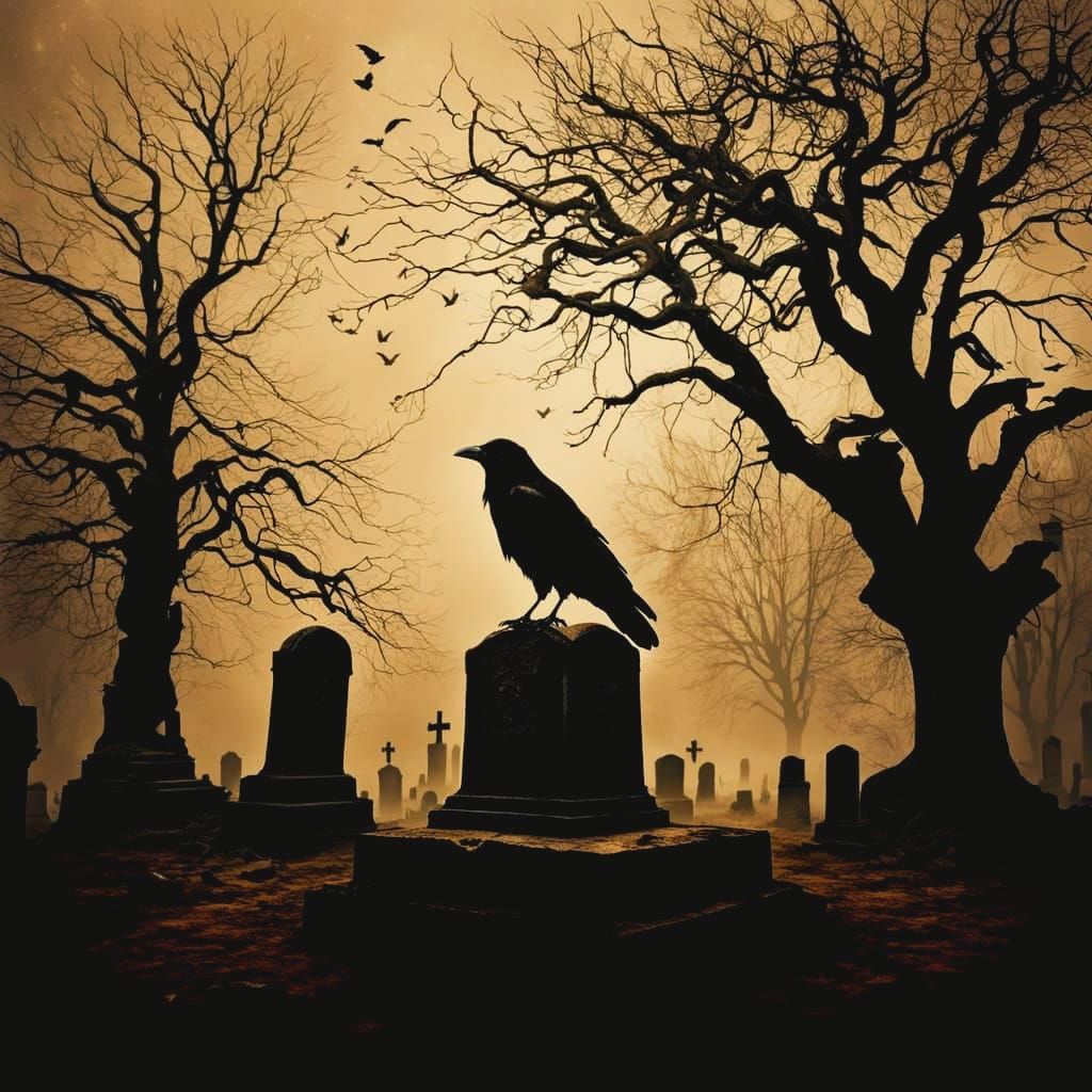 Sepia Crow in Dystopian Cemetery