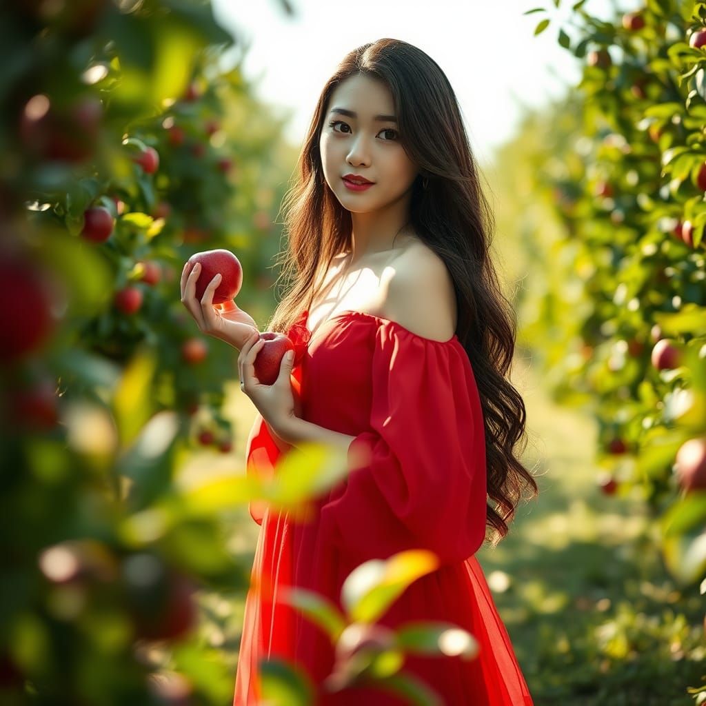Korean Girl in Orchard with Apple