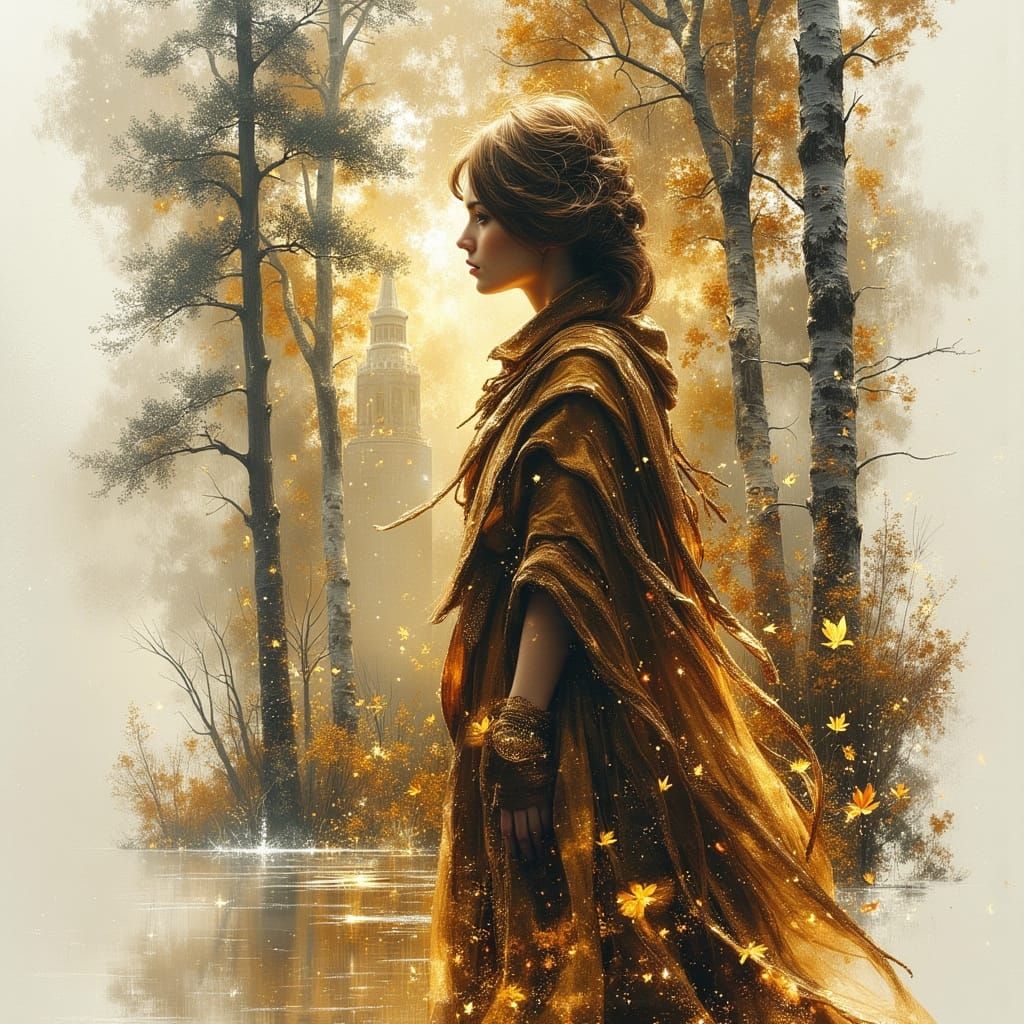 Woman Silhouette Merged with Enchanted Forest Landscape