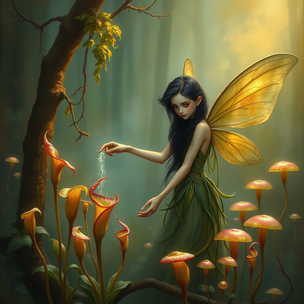 Fairy Watering Carnivorous Plants in Lush Forest