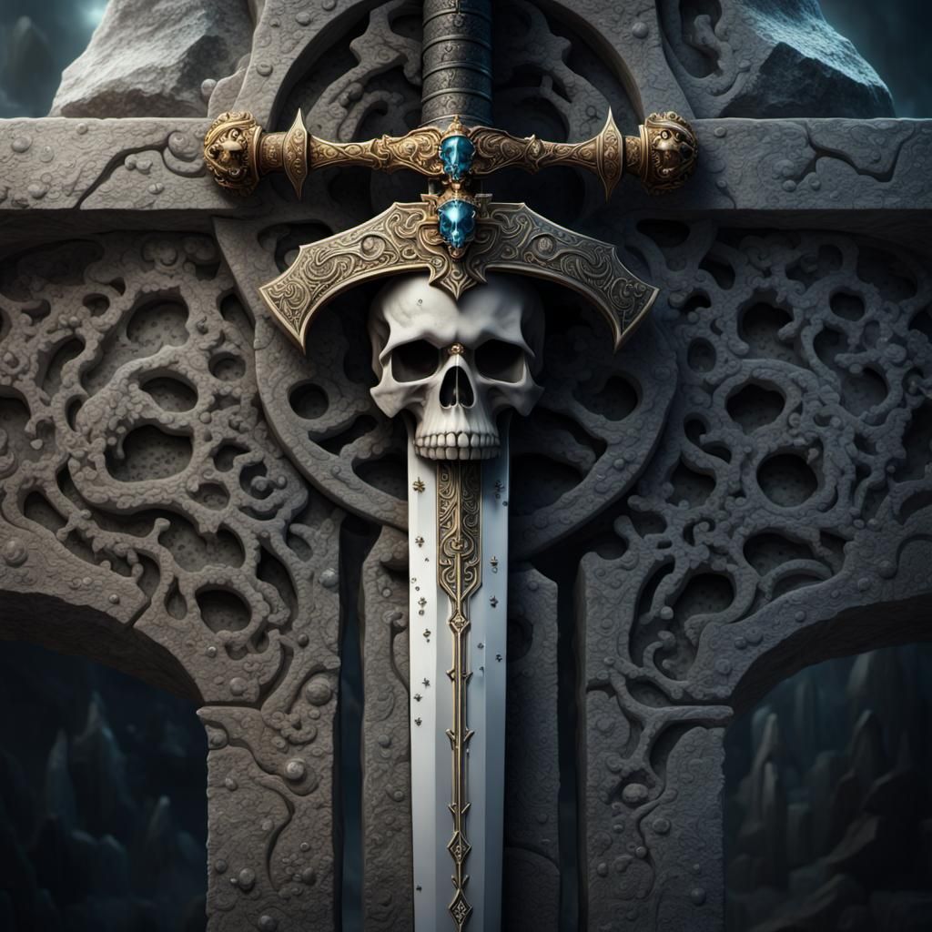 Jeweled Skull Sword Embedded in Stone