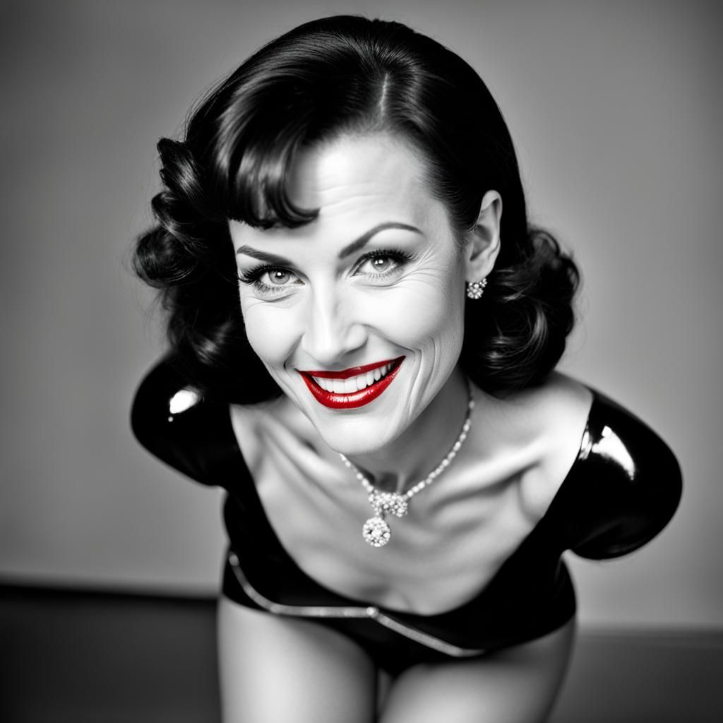 Happy Middle-Aged Model in Red Latex, Anime Style