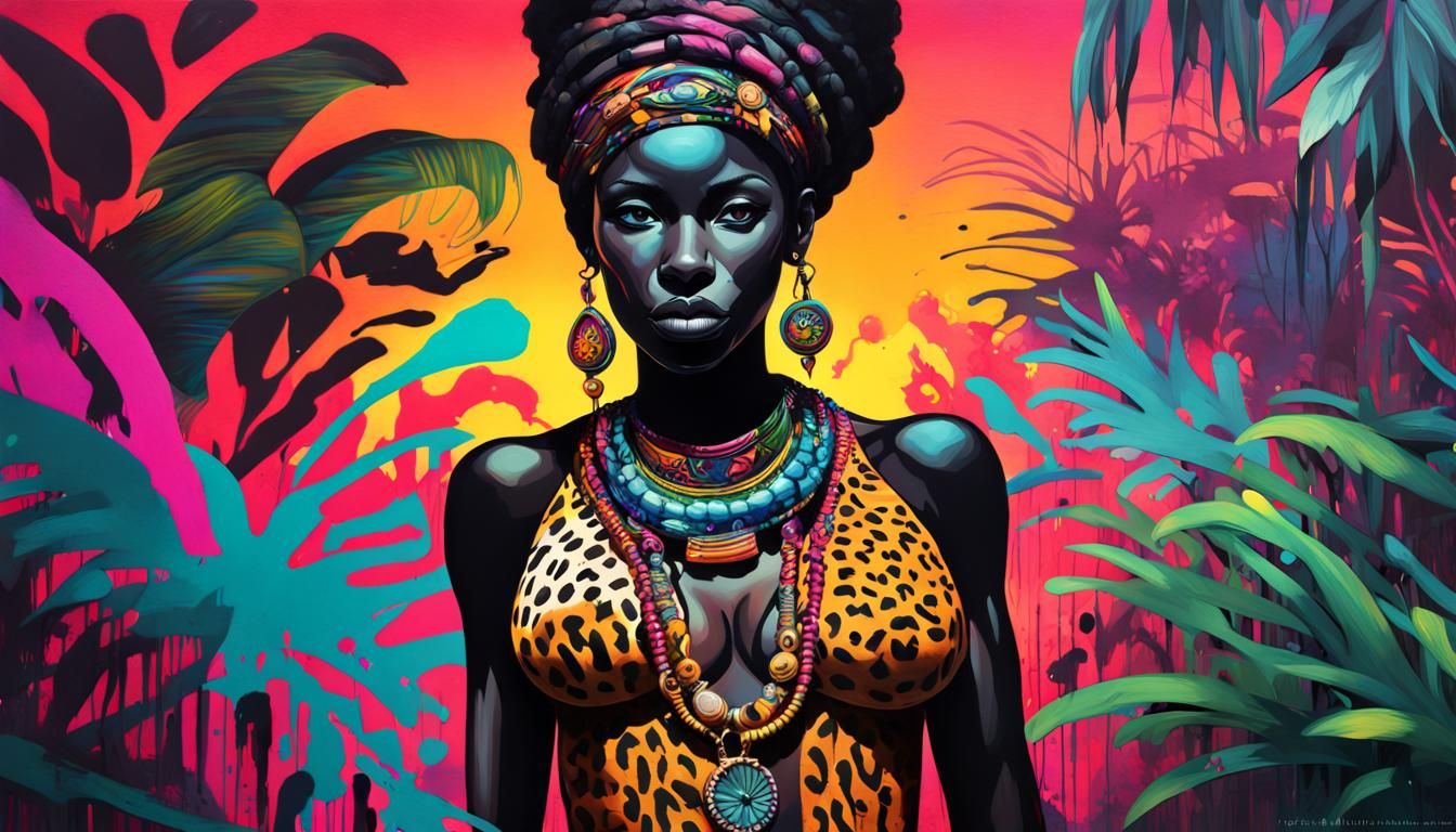 African Goddess with Leopard in Graffiti Art Style