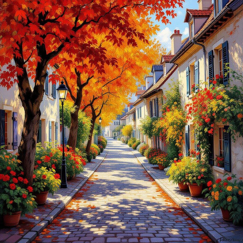 Autumn Street Scene with Vibrant Foliage and Dappled Light