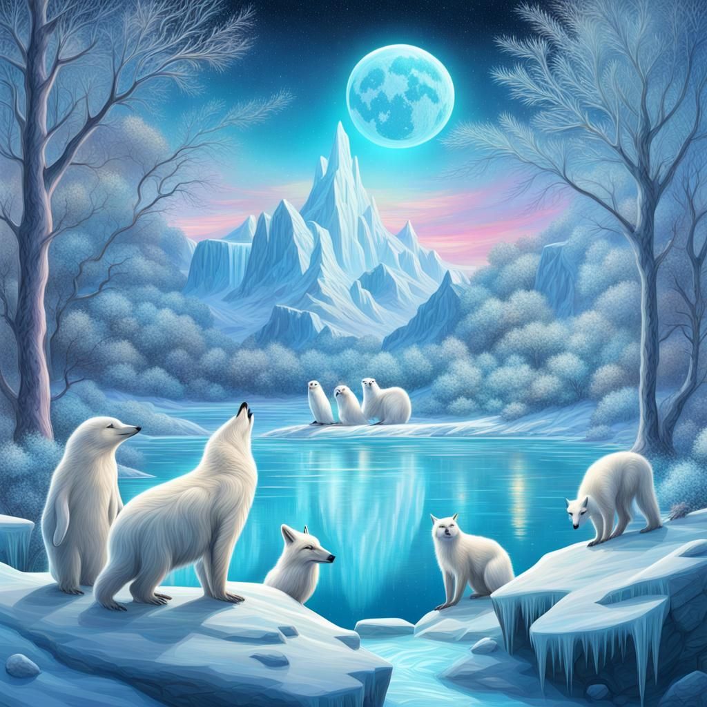 Arctic Animals at Frozen Lake, Mixed Media Illustration