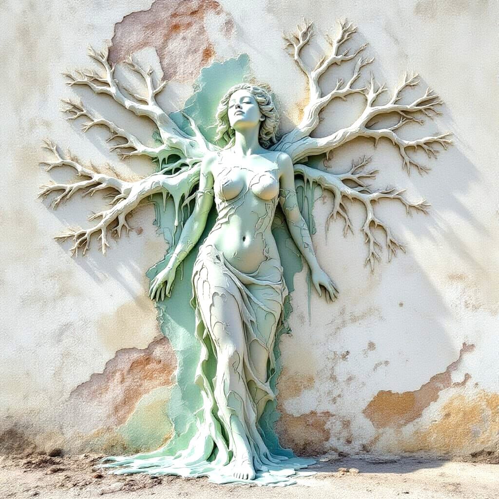 Sculpted Woman Emerges from Wall with Flowing Branches