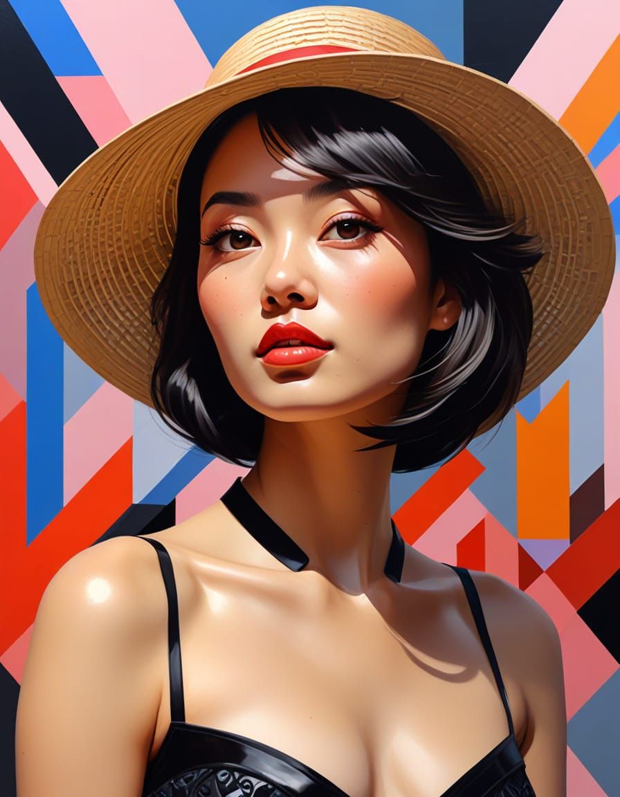 Alluring Asian Woman in Straw Canotier Hat