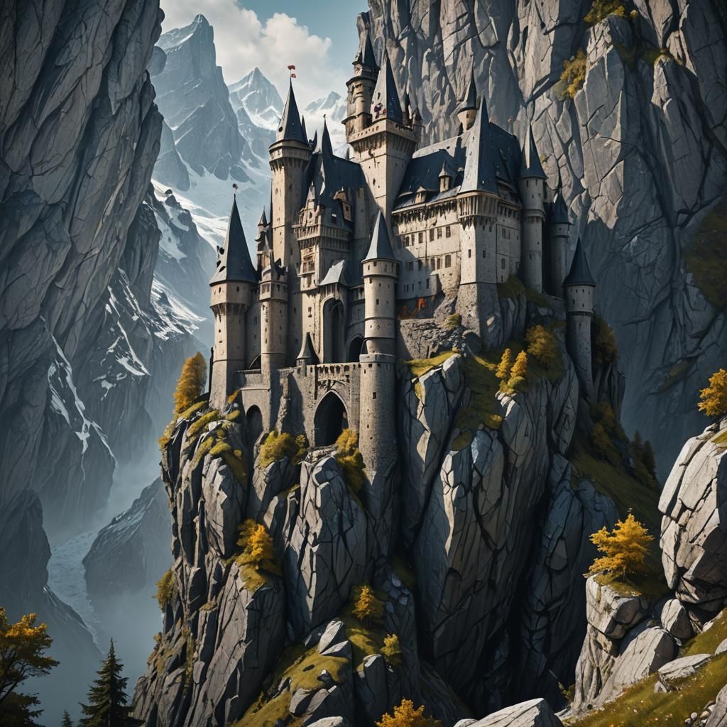 Dark Castle on Rock Wall in Alps: Matte Painting