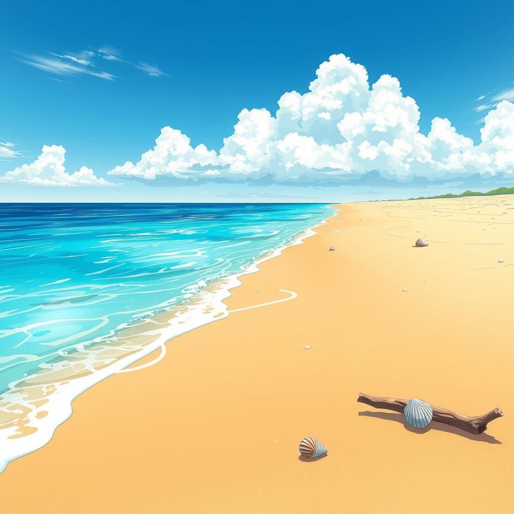 Vibrant Beach Scene in Anime Style