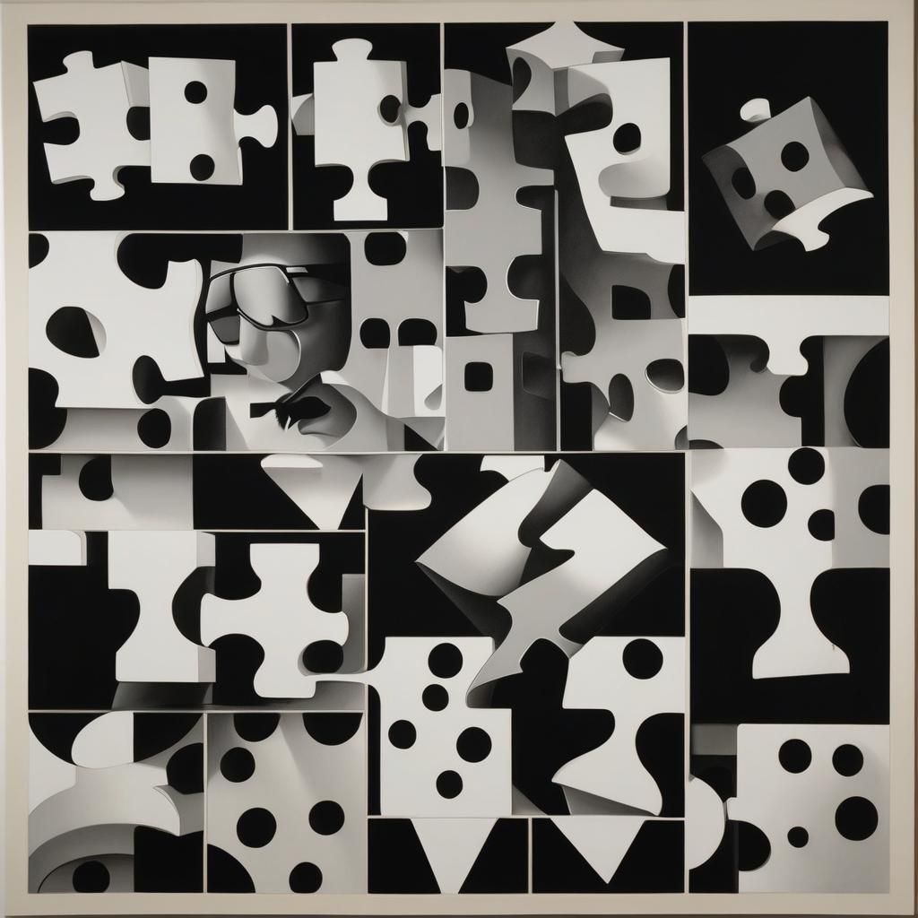 Sudoku Math nerd Rubik's cube made of Puzzle pieces, MC Escher, puzzle pieces by Escher, a Young Dandy Puzzle Dude in fr...
