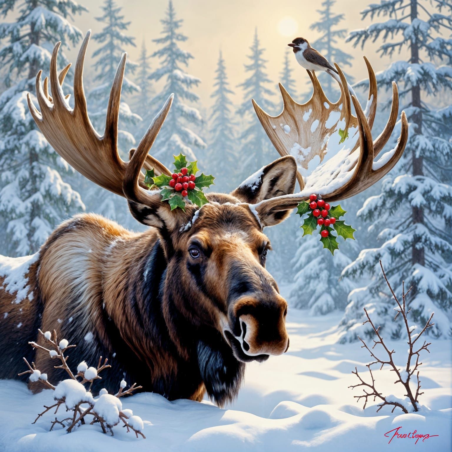 Snowy Moose Head with Festive Antlers