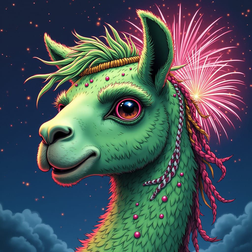 Llama with Green Mohawk and Fireworks