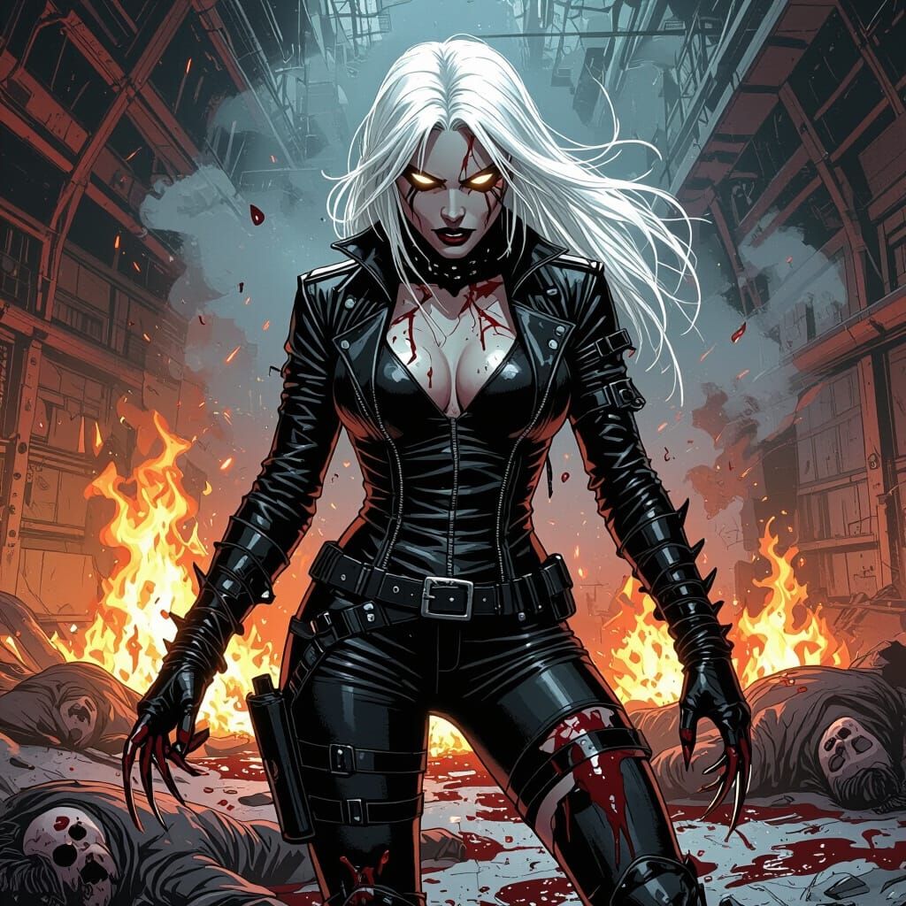 Vampire Woman in Burning Lab, Dark Fantasy Art