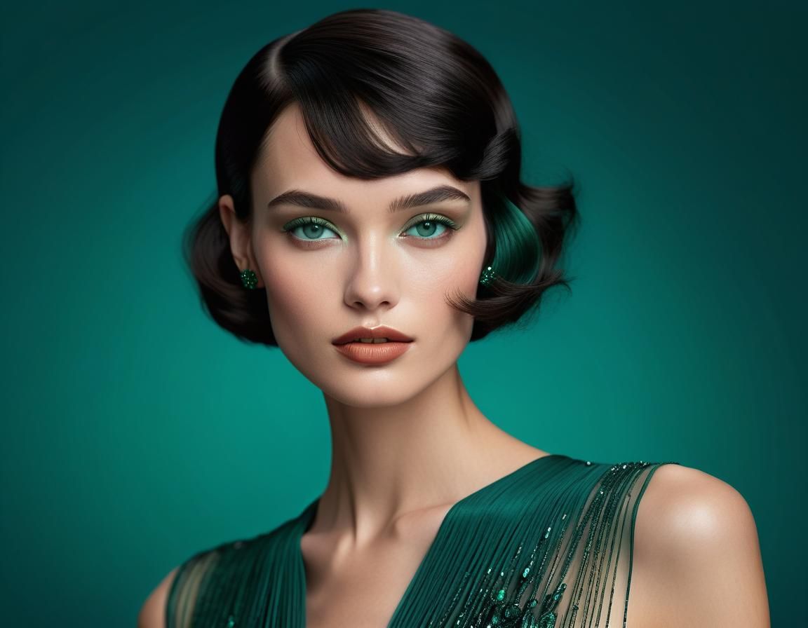 Captivating Woman in Emerald Dress Beside Vintage Car