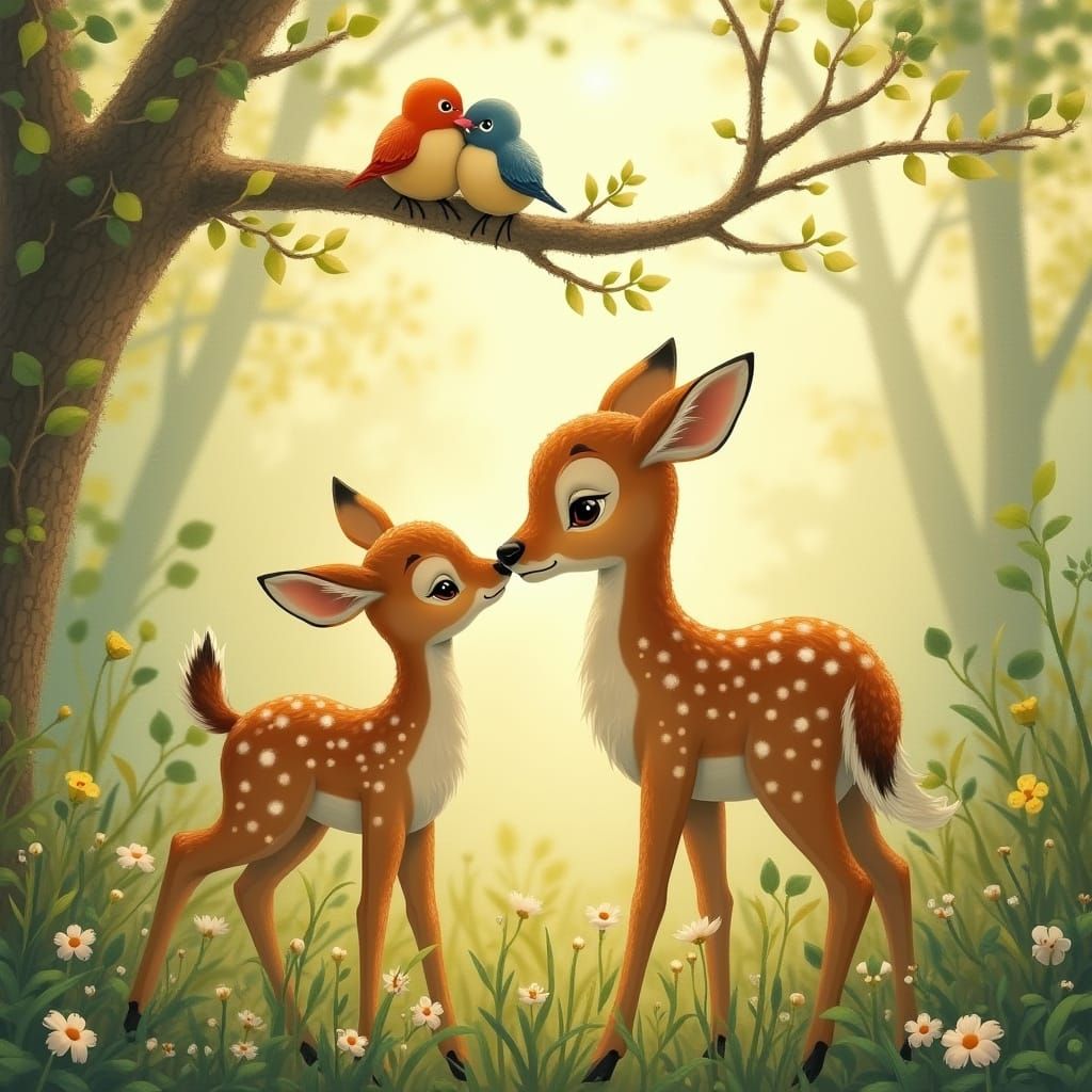 Mother Deer and Fawn in Dreamy Forest Scene
