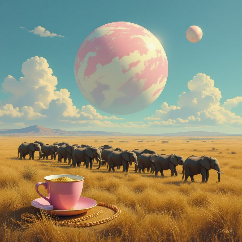 Elephants on Alien Savanna With Pink Globe
