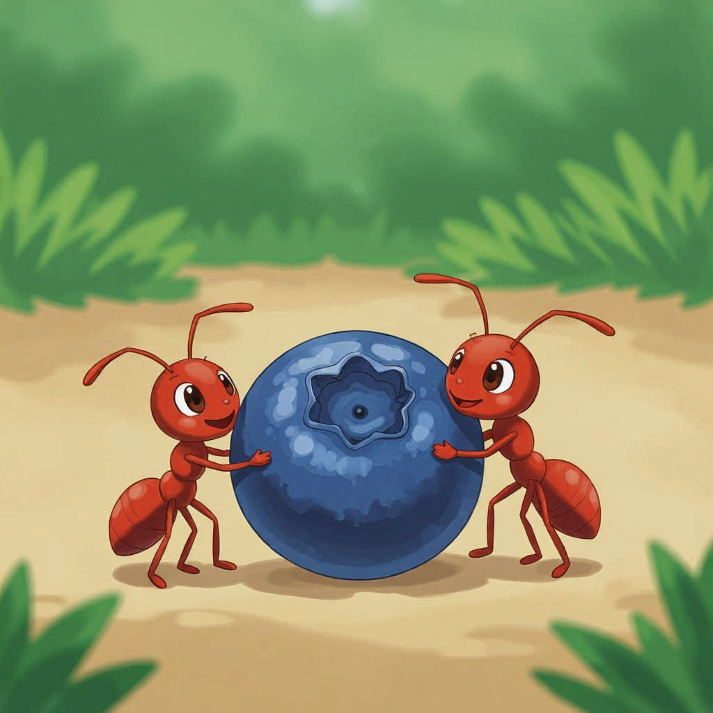 Cute Ants Cooperate to Carry Blueberry in Anime Style