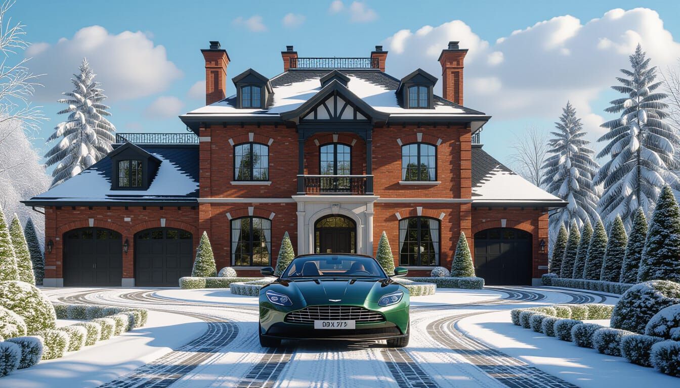 Victorian Chateau with Aston Martin in Snowy Garden