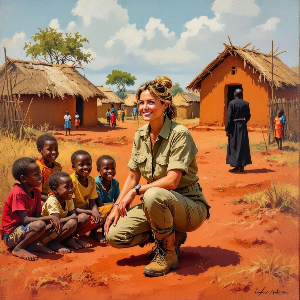 Italian Woman in African Village Oil Painting
