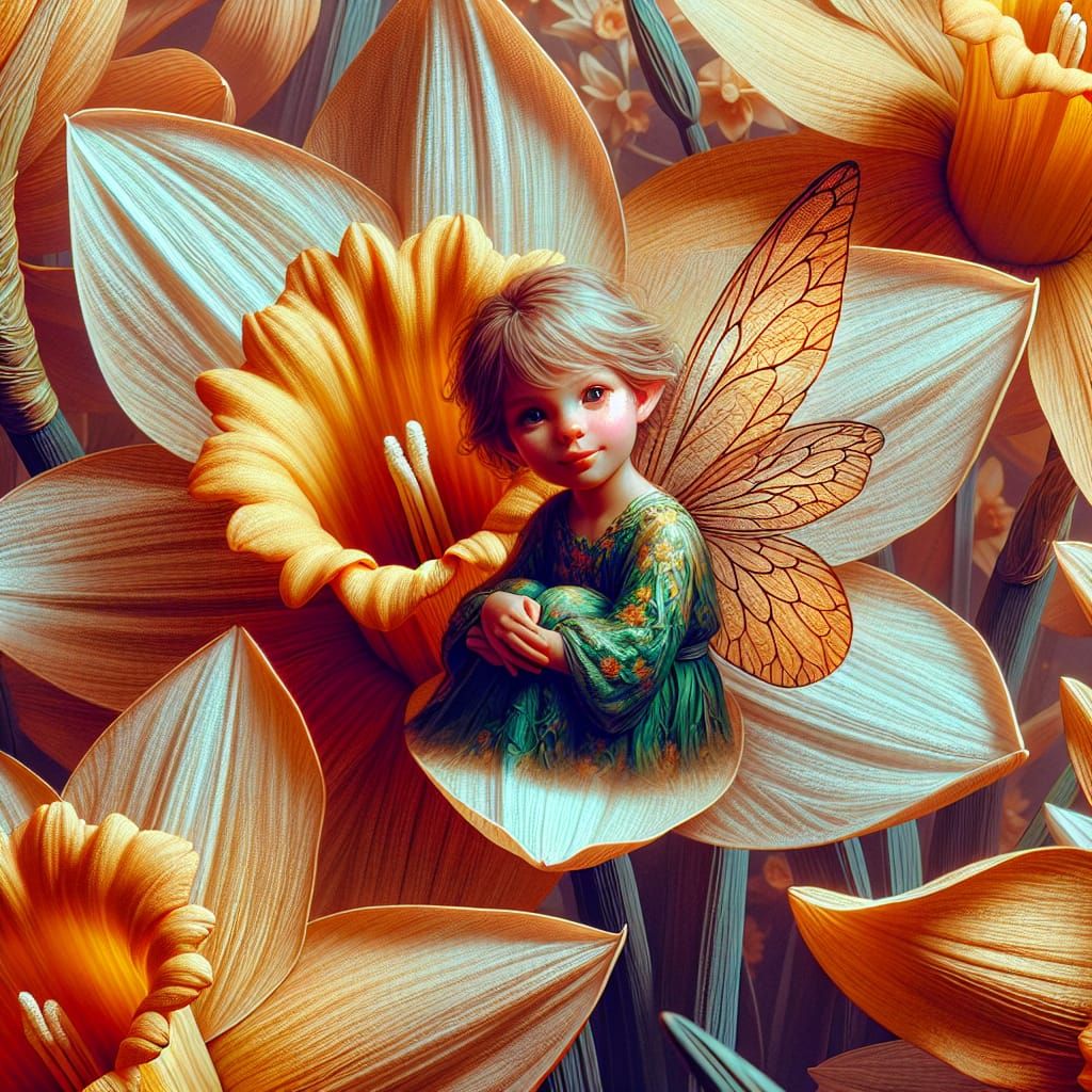 Thumbelina Fairy in Daffodil, 3D Rendered Art