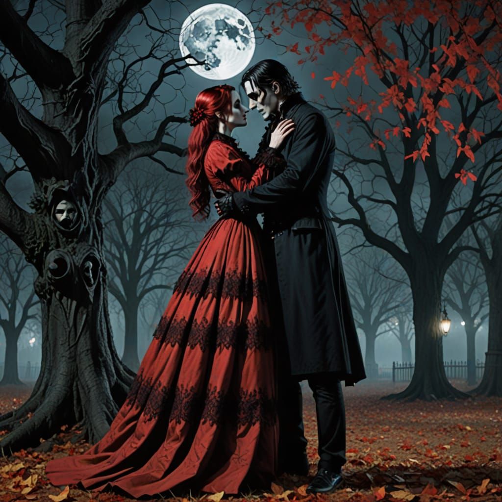 Gothic Vampire Embrace in Autumn Moonlight