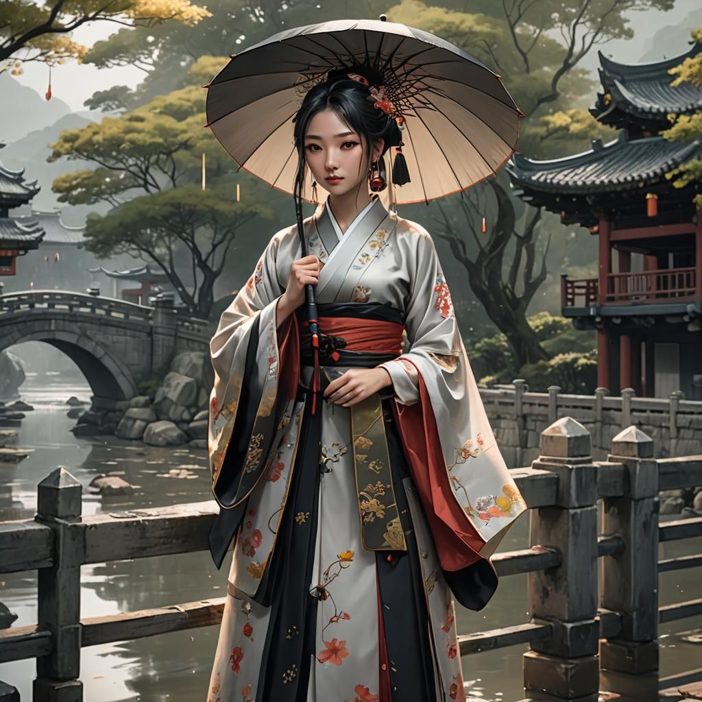 Chinese Woman in Hanfu with Umbrella: Anime-Inspired Art