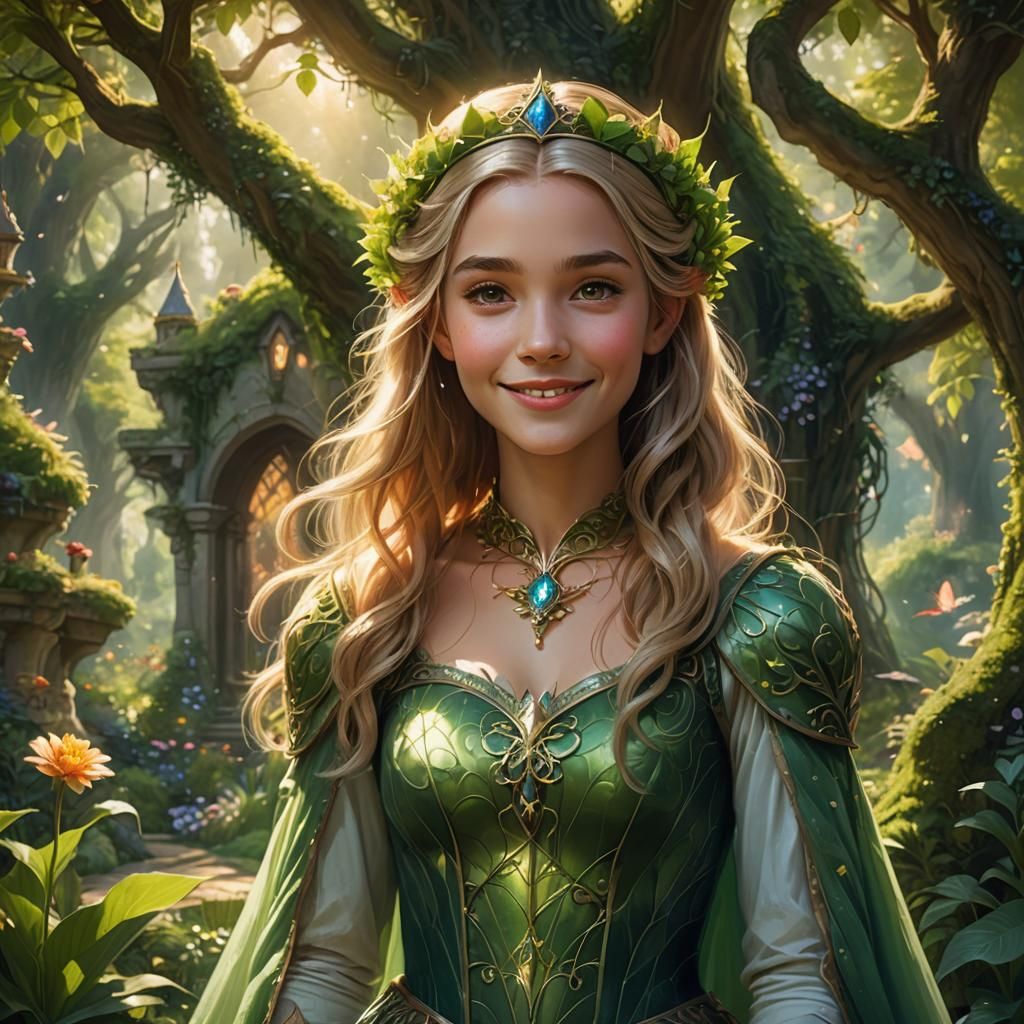 Elfin Princess Smiling in Lush Garden: Fantasy Art