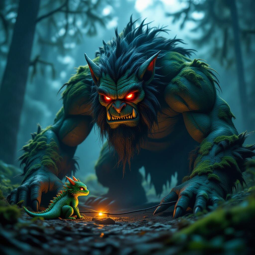 Troll Warns Dragon of Forest Trap in Cinematic Style